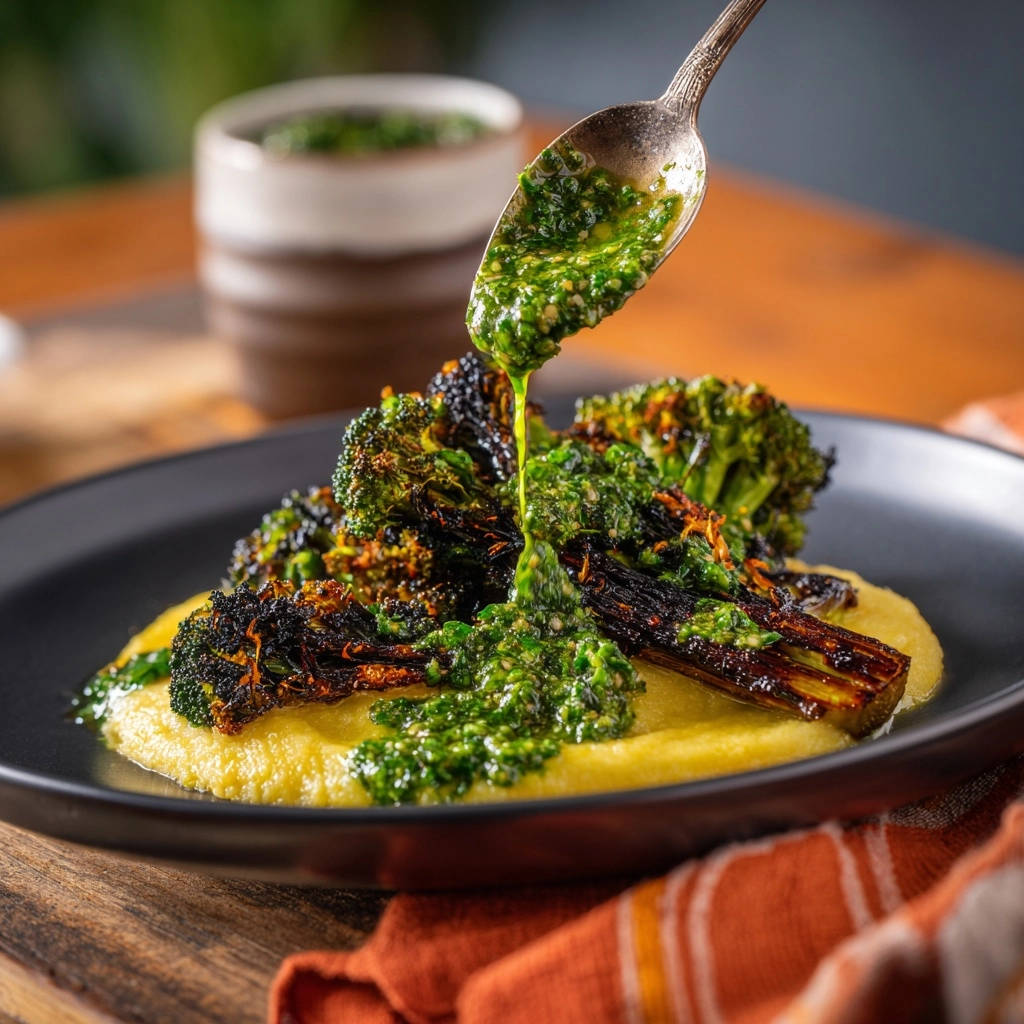 Gerösteter Brokkoli auf cremiger Polenta mit Kräutersalsa wird von einem Löffel mit köstlicher Sauce übergossen.