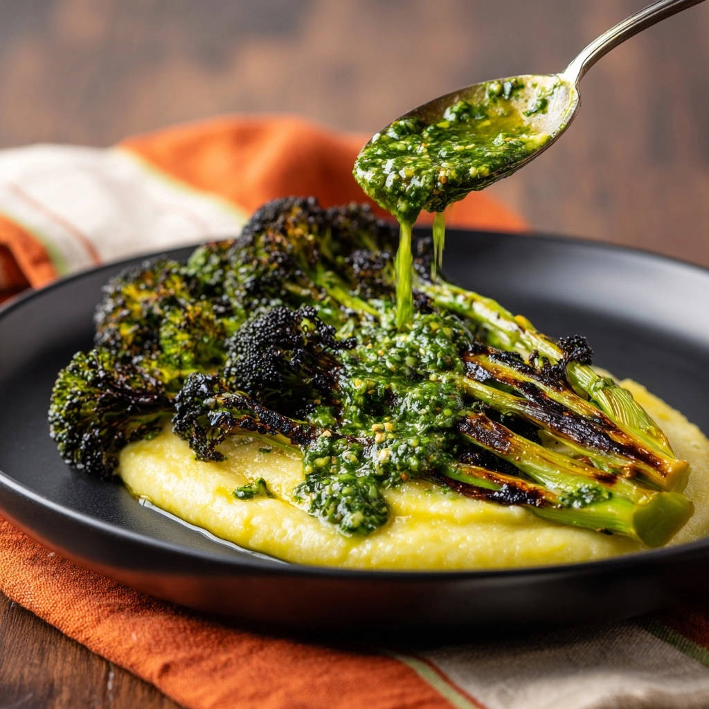 Gerösteter Brokkoli auf cremiger Polenta mit Kräutersalsa, wobei die grüne Salsa von einem Löffel auf das Gericht gegossen wird.