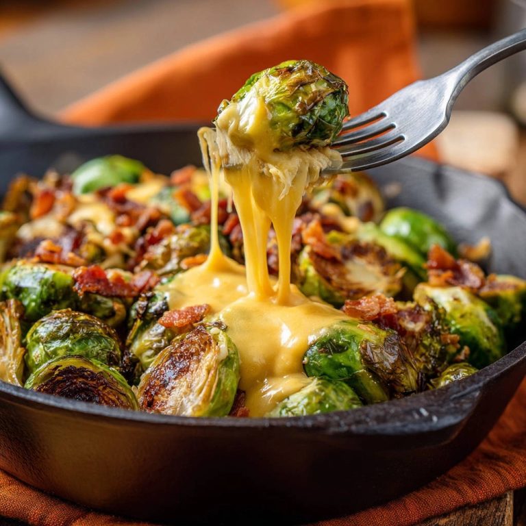 Gerösteter Rosenkohl mit Bacon und Käse, der mit einer Gabel mit geschmolzenem Käse herausgehoben wird.