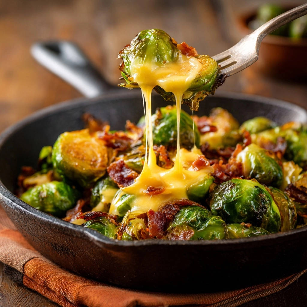 Gerösteter Rosenkohl mit Bacon und Käse mit geschmolzenem Käse, der von einer Gabel herunterhängt, Nahaufnahme.