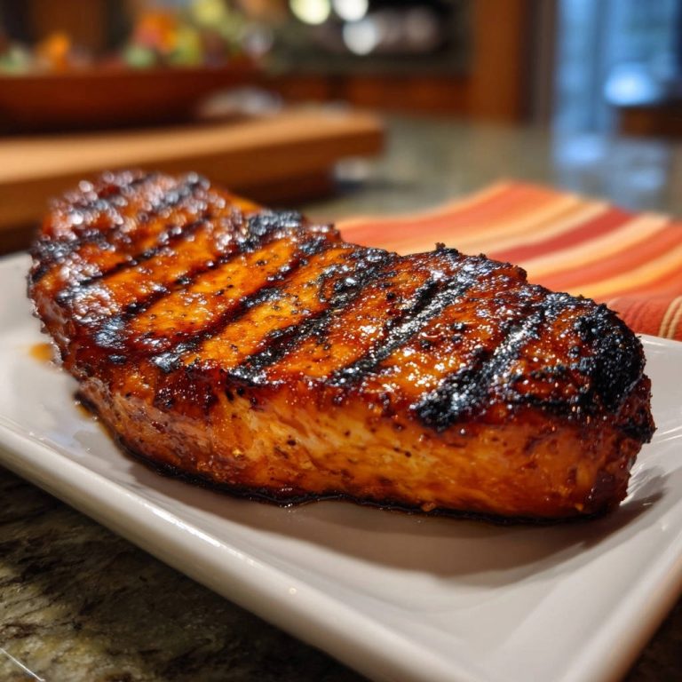 Glasierte Hähnchenbrust vom Grill mit sichtbaren Grillstreifen, nah aufgenommen auf einem weißen Teller.