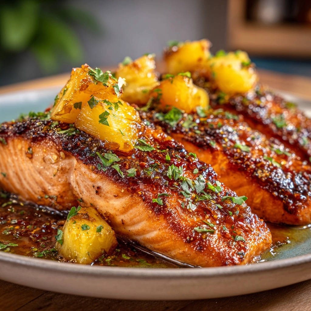 Glasierter Lachs mit karamellisierter Ananas, Nahaufnahme der glänzenden Glasur und Ananasstückchen auf dem Lachs.