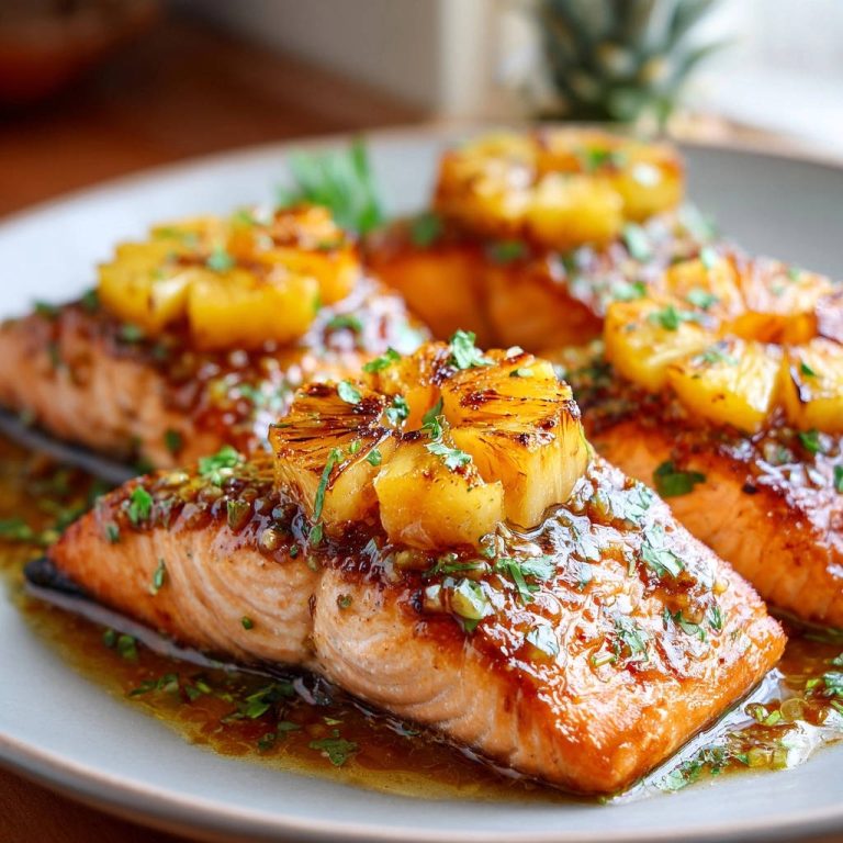 Glasierter Lachs mit karamellisierter Ananas, nahaufnahme der glänzenden Glasur und Ananasstücke auf dem Lachs.