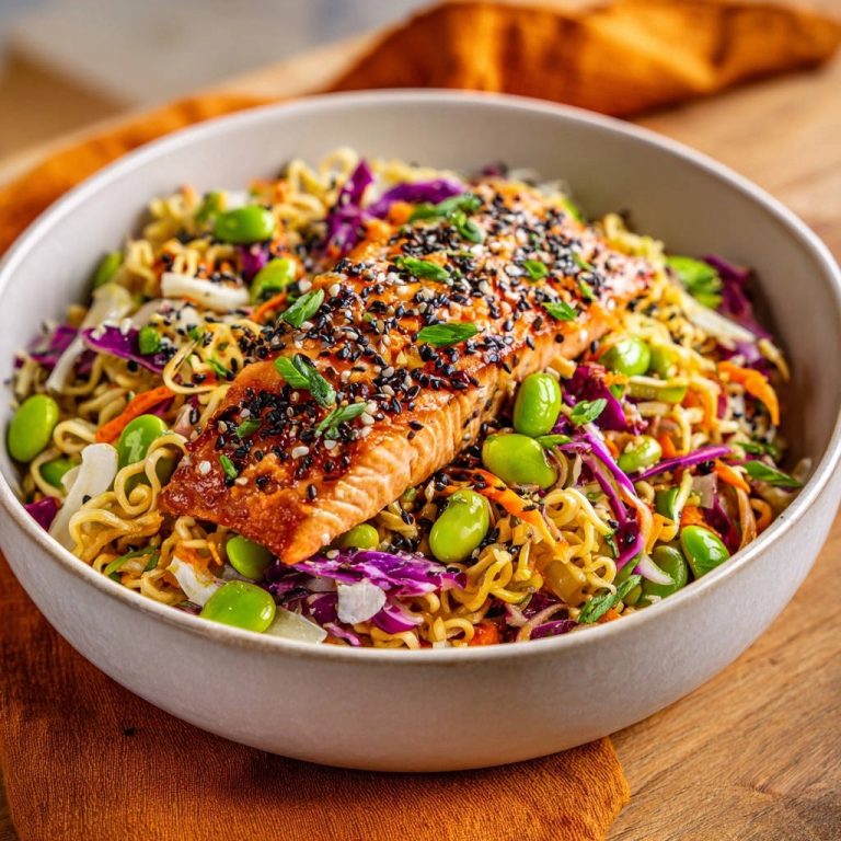 Glasierter Teriyaki-Lachs mit Ramen-Salat, serviert in einer Schüssel mit Edamame und Garnitur