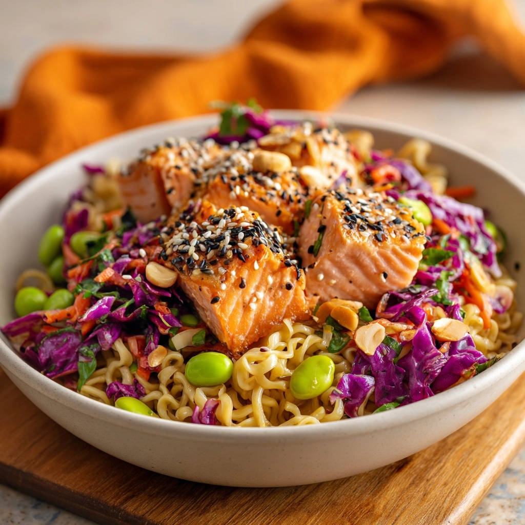 Glasierter Teriyaki-Lachs mit Ramen-Salat, eine Nahaufnahme, die die Textur des Lachs und die bunten Zutaten zeigt.
