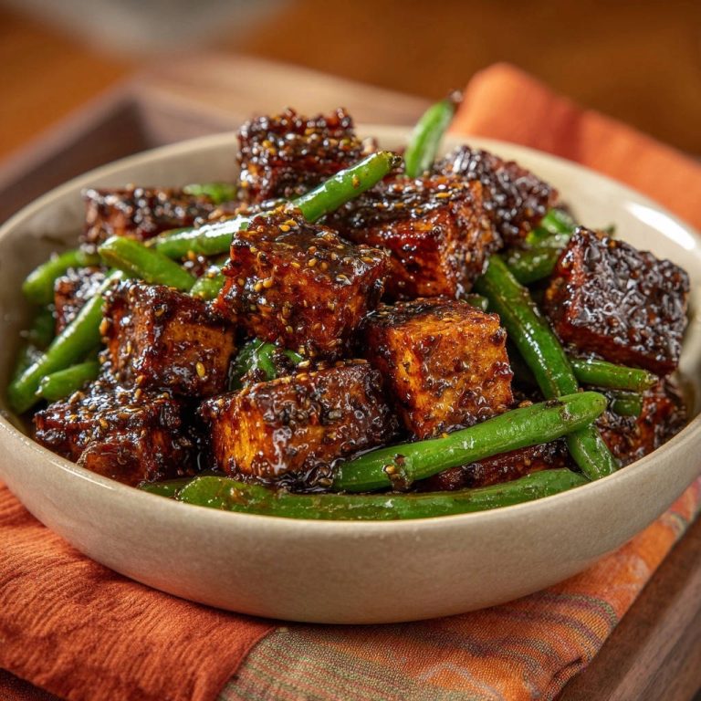 Glänzender Sesam-Tofu mit knackigen Bohnen in einer Schüssel, Nahaufnahme der Textur des Tofus.