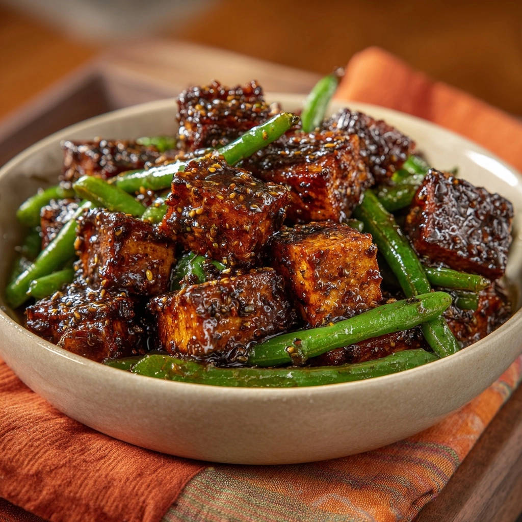 Glänzender Sesam-Tofu mit knackigen Bohnen in einer Schüssel, Nahaufnahme der Textur des Tofus.