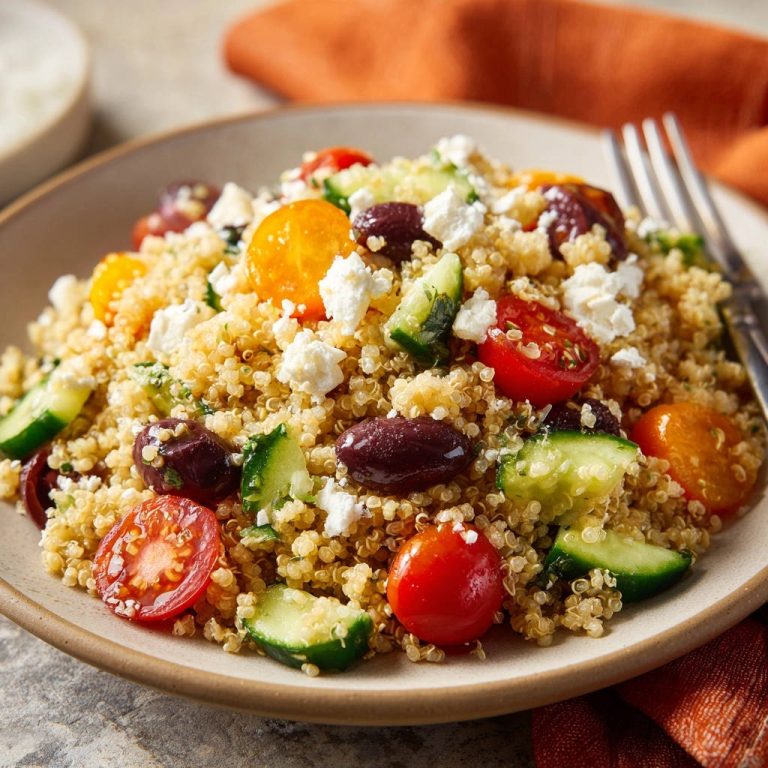 Griechischer Quinoa Salat als Nahaufnahme mit Feta, Tomaten, Gurken und Oliven auf einem Teller