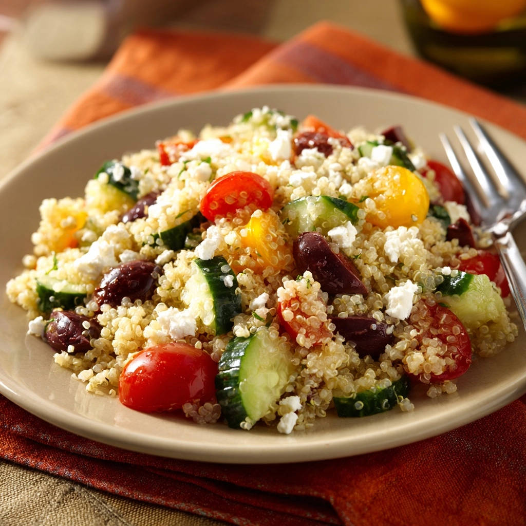 Griechischer Quinoa Salat auf einem Teller mit Tomaten, Gurken, Oliven und Feta, Nahaufnahme der Zutaten.