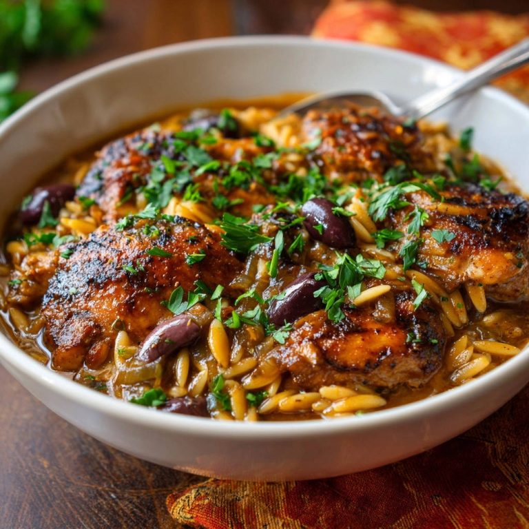 Griechisches Hähnchen mit Orzo, eine Nahaufnahme mit frischer Petersilie und Oliven garniert.