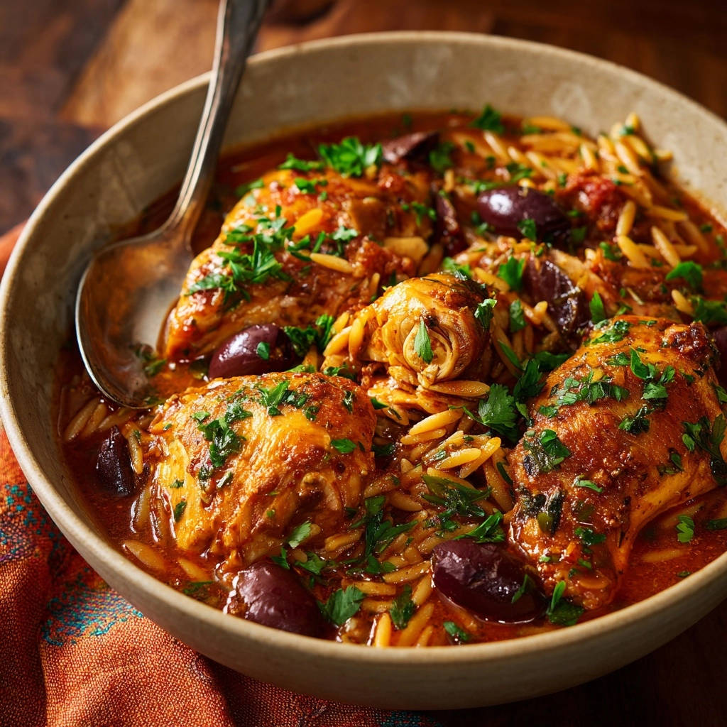 Griechisches Hähnchen mit Orzo, eine Nahaufnahme des aromatischen Gerichts in einer rustikalen Schüssel, garniert mit Petersilie.