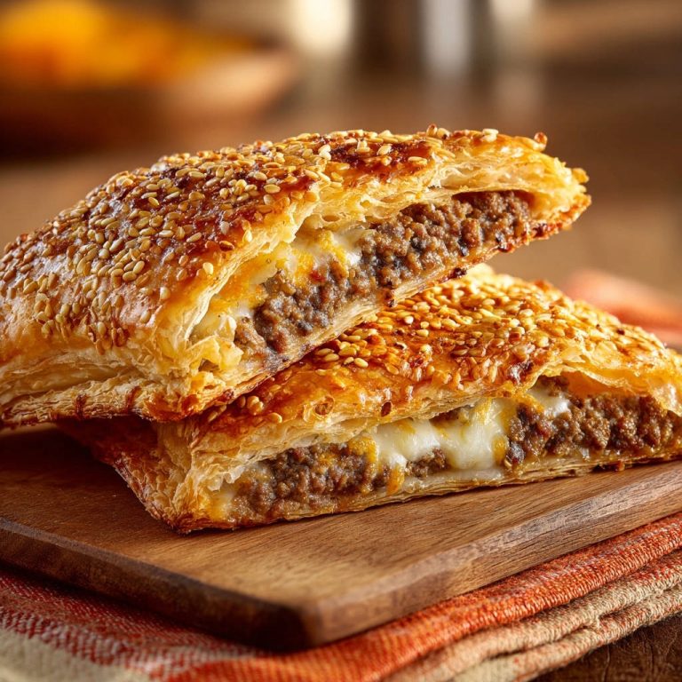 Saftige Hackfleisch-Blätterteig-Taschen, angeschnitten und mit Sesam bestreut, zeigen den herzhaften Inhalt und geschmolzenen Käse.