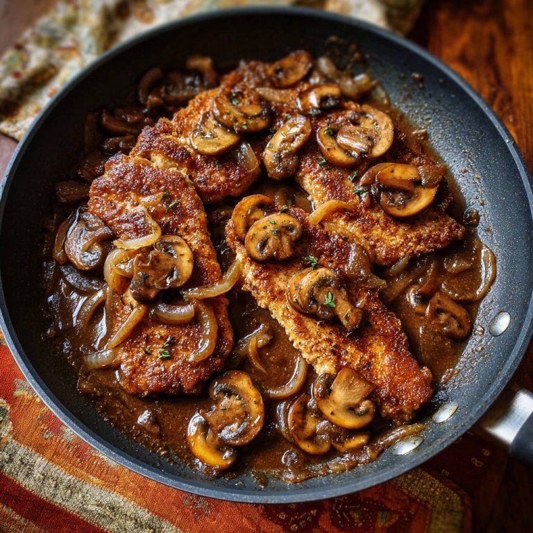 Knusprige Hähnchenschnitzel mit Pilz-Zwiebel-Soße, garniert mit frischen Kräutern, in einer Pfanne serviert.
