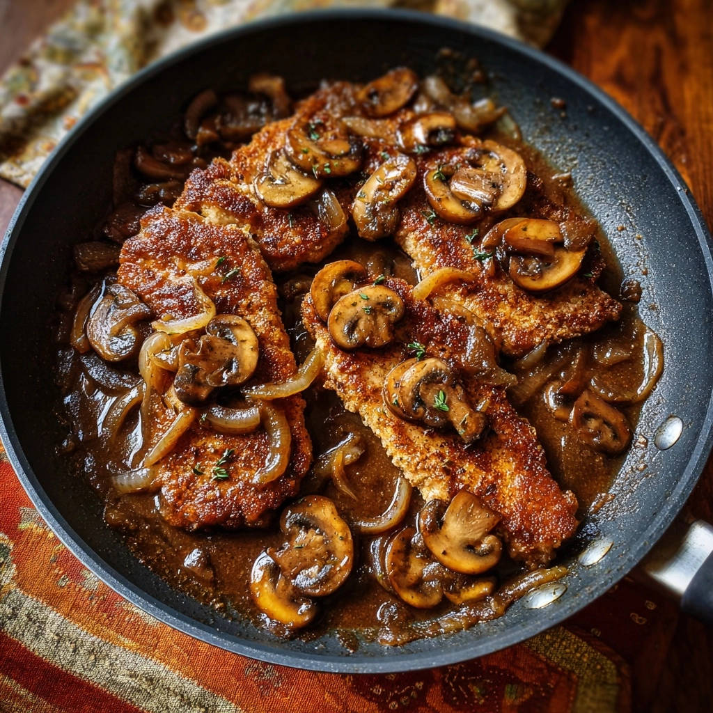 Knusprige Hähnchenschnitzel mit Pilz-Zwiebel-Soße, garniert mit frischen Kräutern, in einer Pfanne serviert.