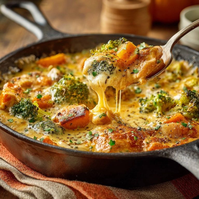 Cremiges Hähnchen-Brokkoli-Gratin aus der Pfanne mit geschmolzenem Käse auf einem Löffel, Nahaufnahme.