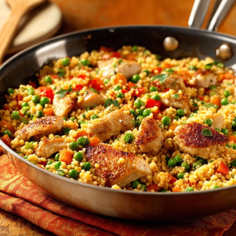 Hähnchen-Couscous-Pfanne mit Gemüse, Nahaufnahme der Textur und Zutaten in einer Pfanne