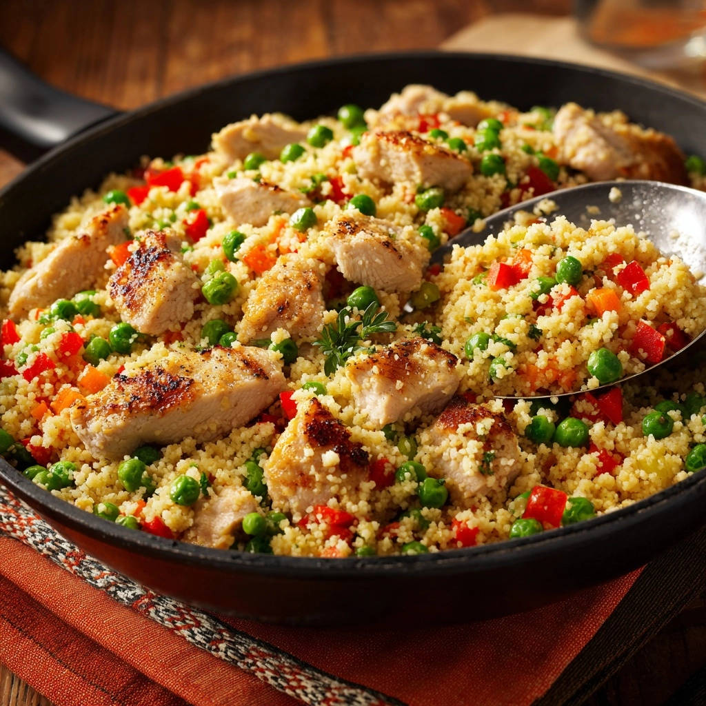 Hähnchen-Couscous-Pfanne mit Gemüse, mit einem Löffel serviert, zeigt die einzelnen Komponenten des Gerichts in Nahaufnahme.