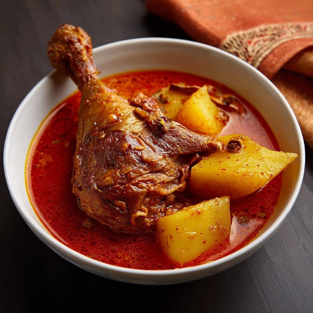 Herzhaftes Hähnchen-Kartoffel-Curry mit zarten Kartoffelstücken und einem saftigen Hähnchenschenkel in roter Currysauce.