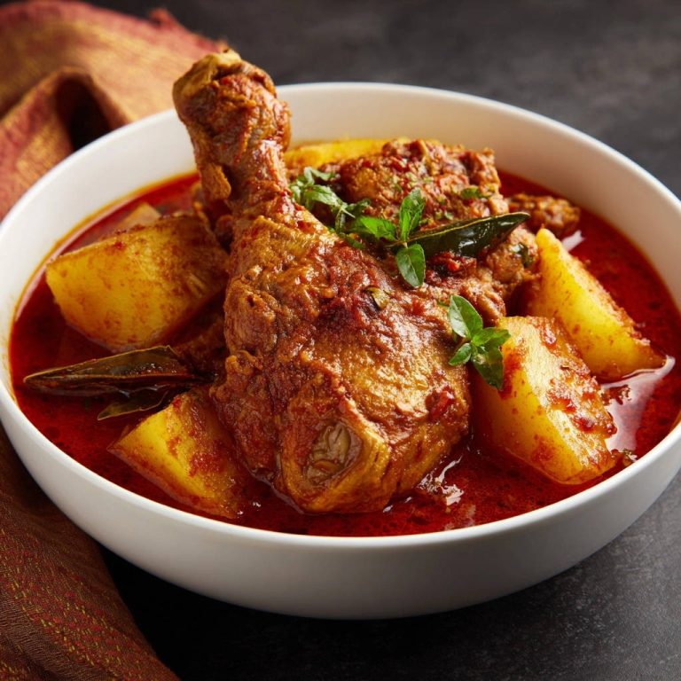 Herzhaftes Hähnchen-Kartoffel-Curry in einer weißen Schüssel, mit saftigen Kartoffelstücken und frischen Kräutern garniert.