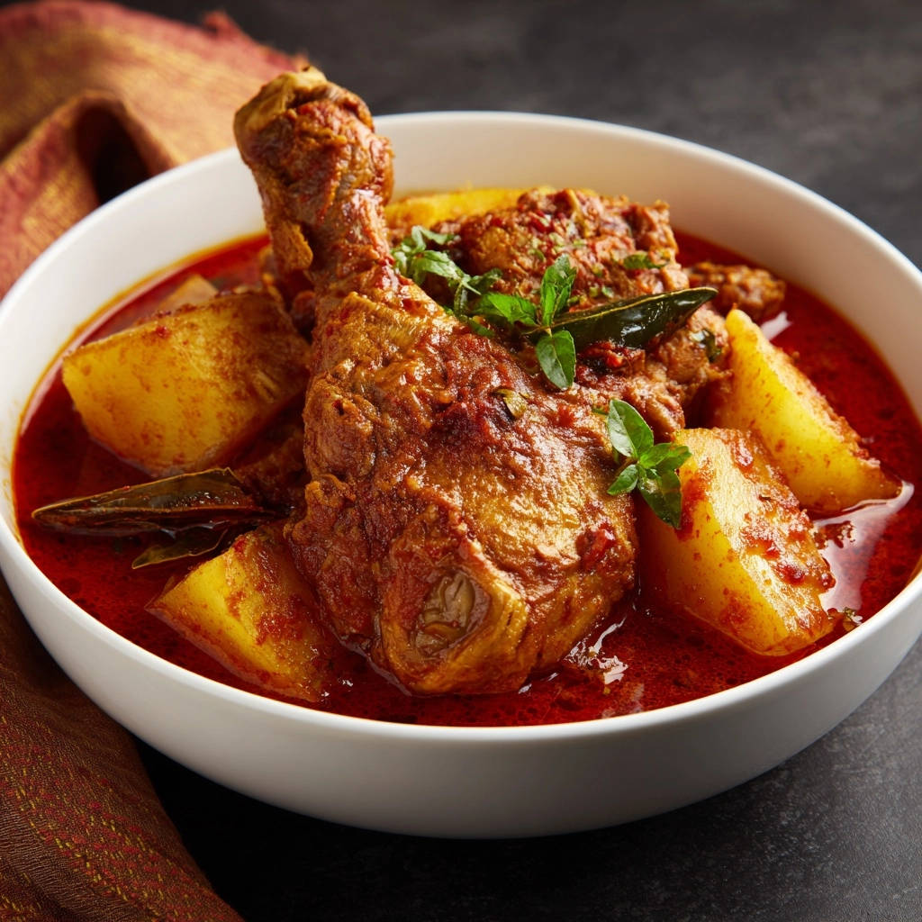 Herzhaftes Hähnchen-Kartoffel-Curry in einer weißen Schüssel, mit saftigen Kartoffelstücken und frischen Kräutern garniert.