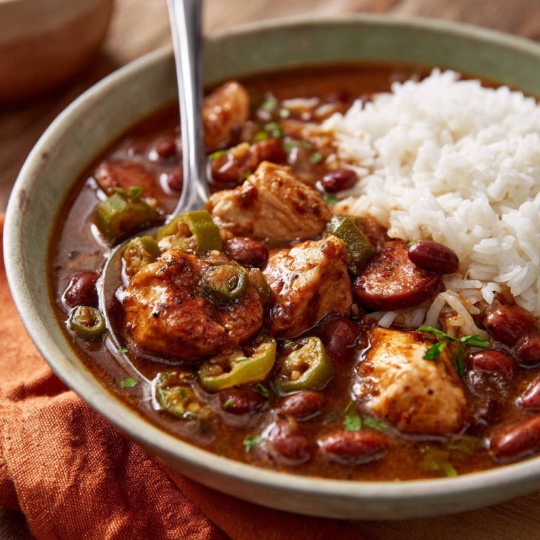 Herzhafter Hähnchen-Okra-Eintopf mit Reis, nahaufnahme mit einem Löffel, der das Gericht aufnimmt.
