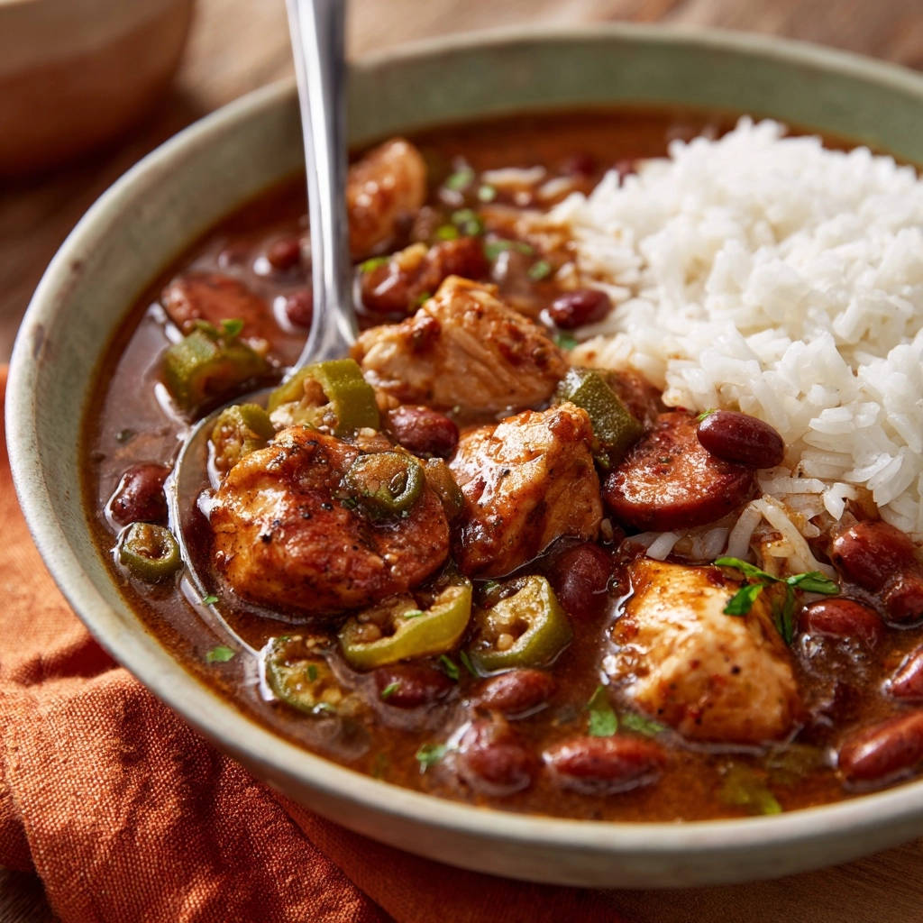 Herzhafter Hähnchen-Okra-Eintopf mit Reis, nahaufnahme mit einem Löffel, der das Gericht aufnimmt.