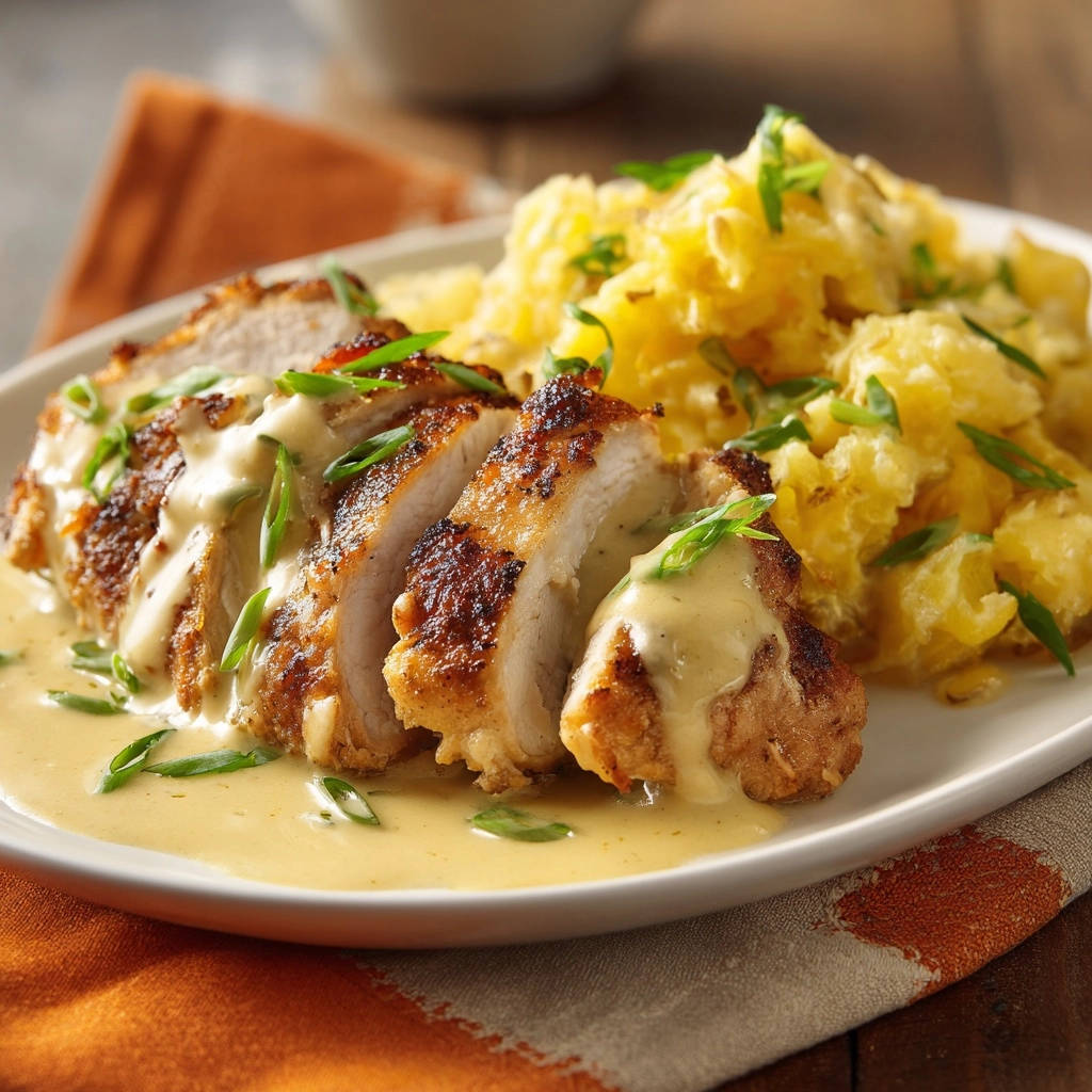 Saftige Hähnchenbrust in cremiger Frühlingszwiebelsauce mit Ofenkartoffeln, angeschnitten und mit Sauce übergossen.