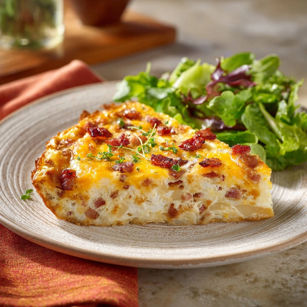 Herzhafte Frittata mit Kartoffeln und krossen Baconwürfeln als angeschnittene Portion auf einem Teller mit Salatbeilage.