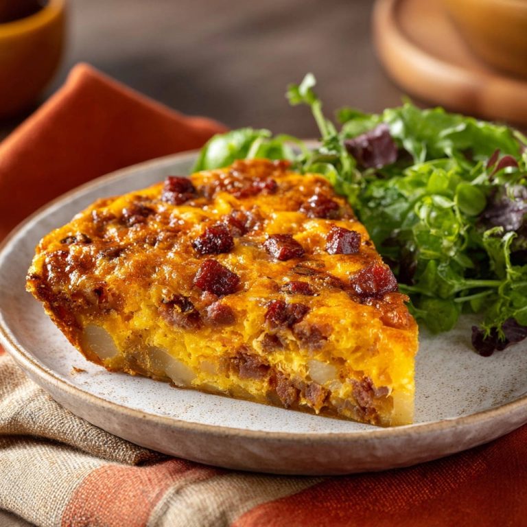 Herzhafte Frittata mit Kartoffeln und krossen Baconwürfeln, angeschnitten auf einem Teller mit Salat serviert