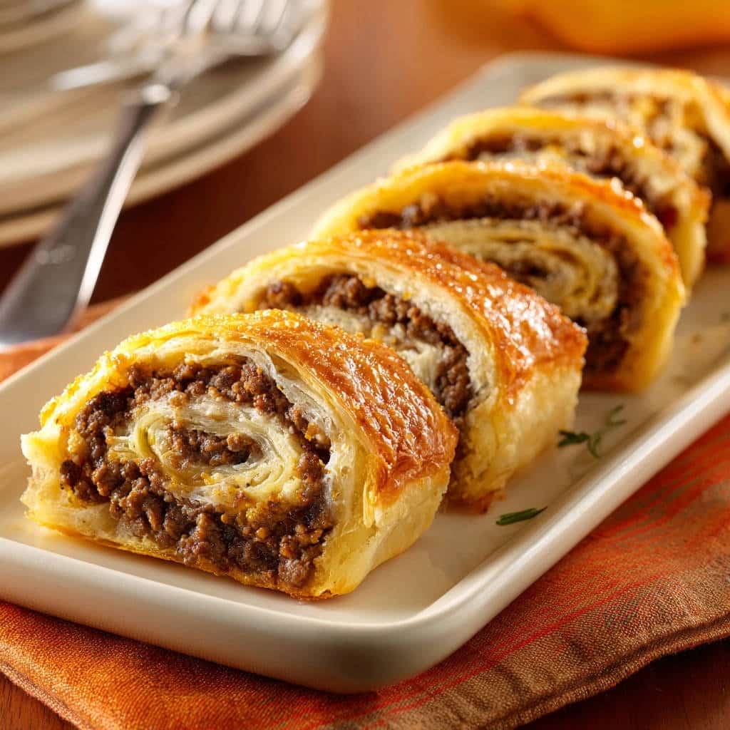 Herzhafte Hackfleisch-Strudelröllchen angeschnitten, mit knusprigem Teig und saftiger Füllung auf einem Teller serviert.