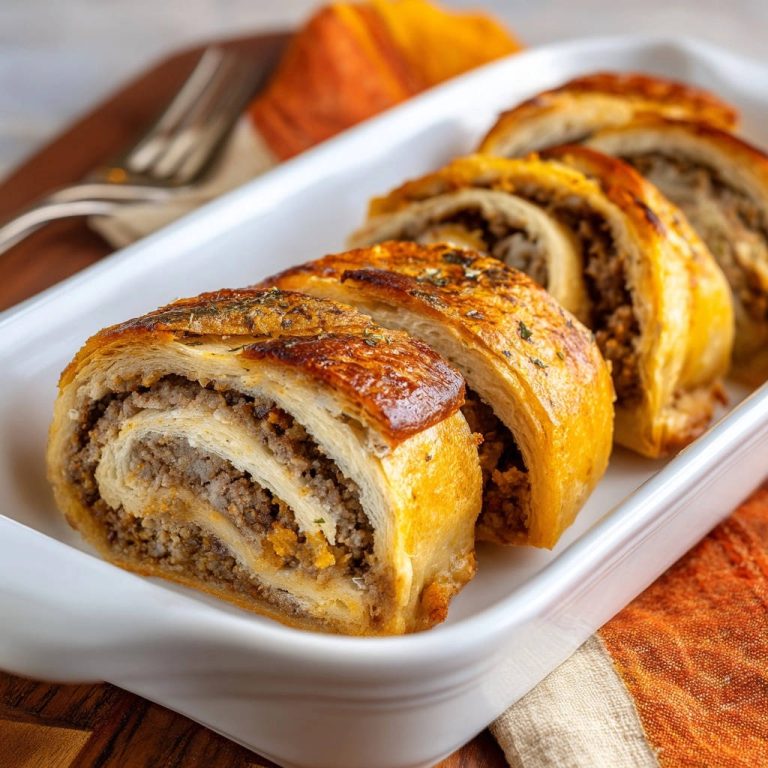 Herzhafte Hackfleisch-Strudelröllchen angeschnitten, die goldbraune Teigschicht enthüllt die saftige Fleischfüllung in Spiralen.