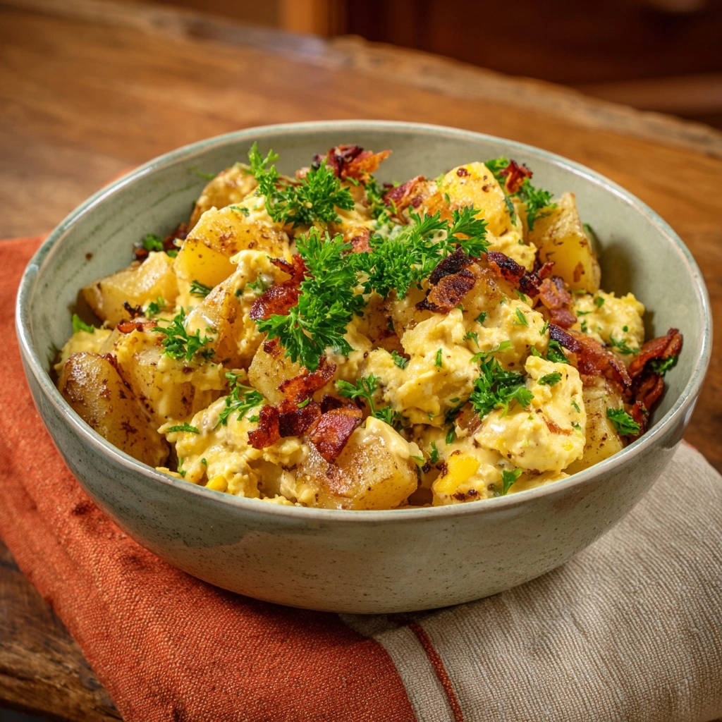 Herzhafte Kartoffelpfanne mit knusprigem Speck und cremiger Käsesauce, garniert mit frischer Petersilie und Speckstücken.