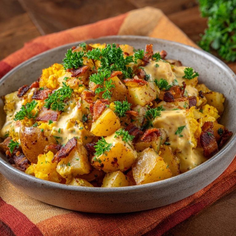 Herzhafte Kartoffelpfanne mit knusprigem Speck und cremiger Käsesauce, nahaufnahme mit frischer Petersilie garniert.