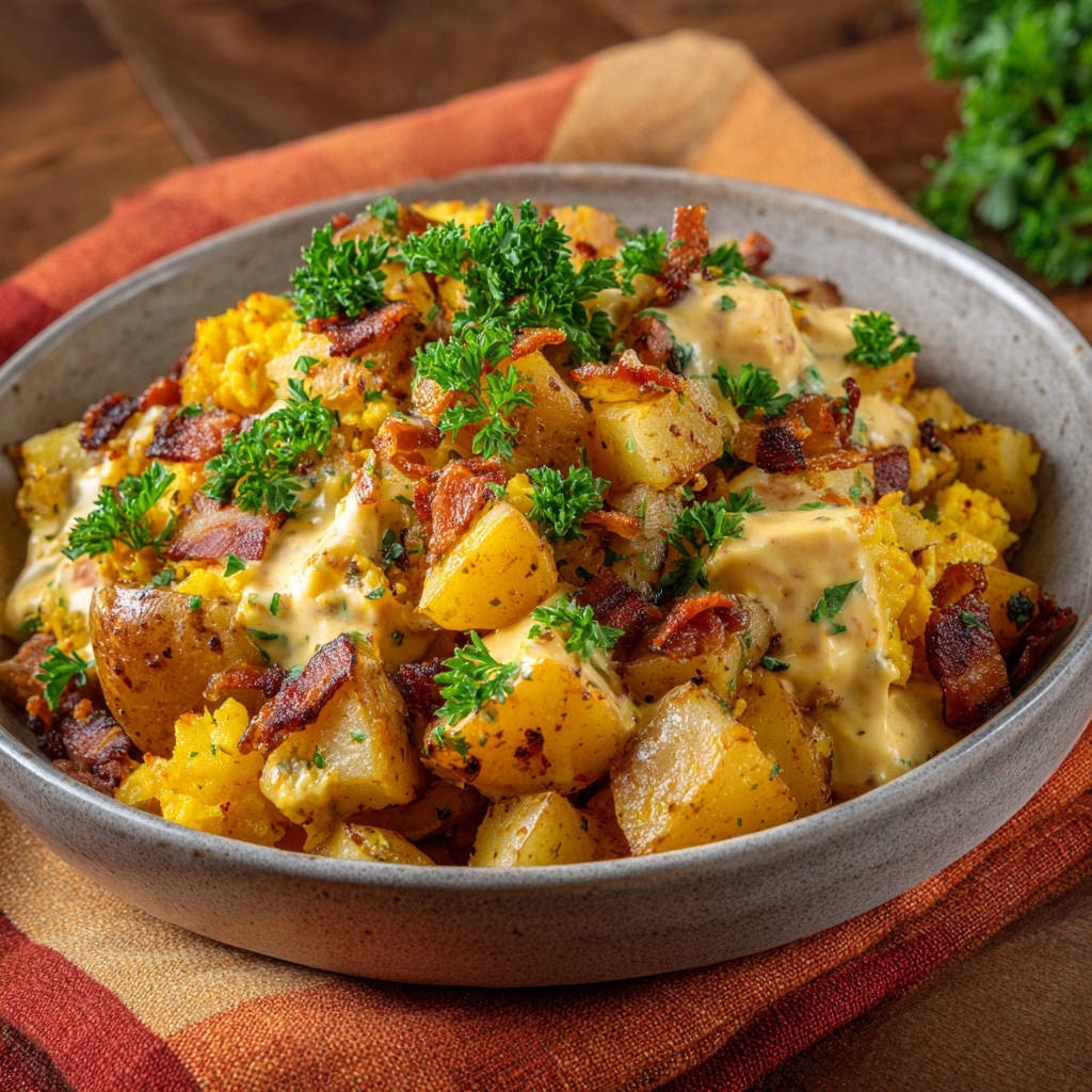 Herzhafte Kartoffelpfanne mit knusprigem Speck und cremiger Käsesauce, nahaufnahme mit frischer Petersilie garniert.