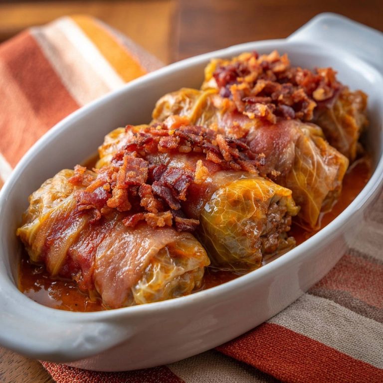 Herzhafte Krautwickel mit knusprigem Bacon, im Detail in einer Auflaufform serviert, mit saftiger Sauce.