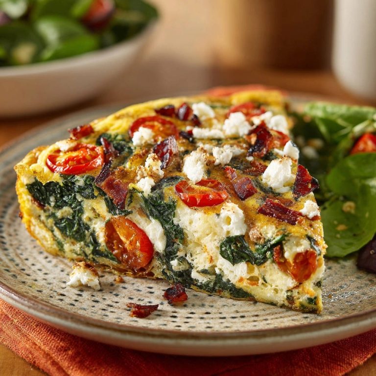 Herzhafte Spinat-Feta-Frittata mit knusprigem Bacon, angeschnitten auf einem Teller mit Salatbeilage.