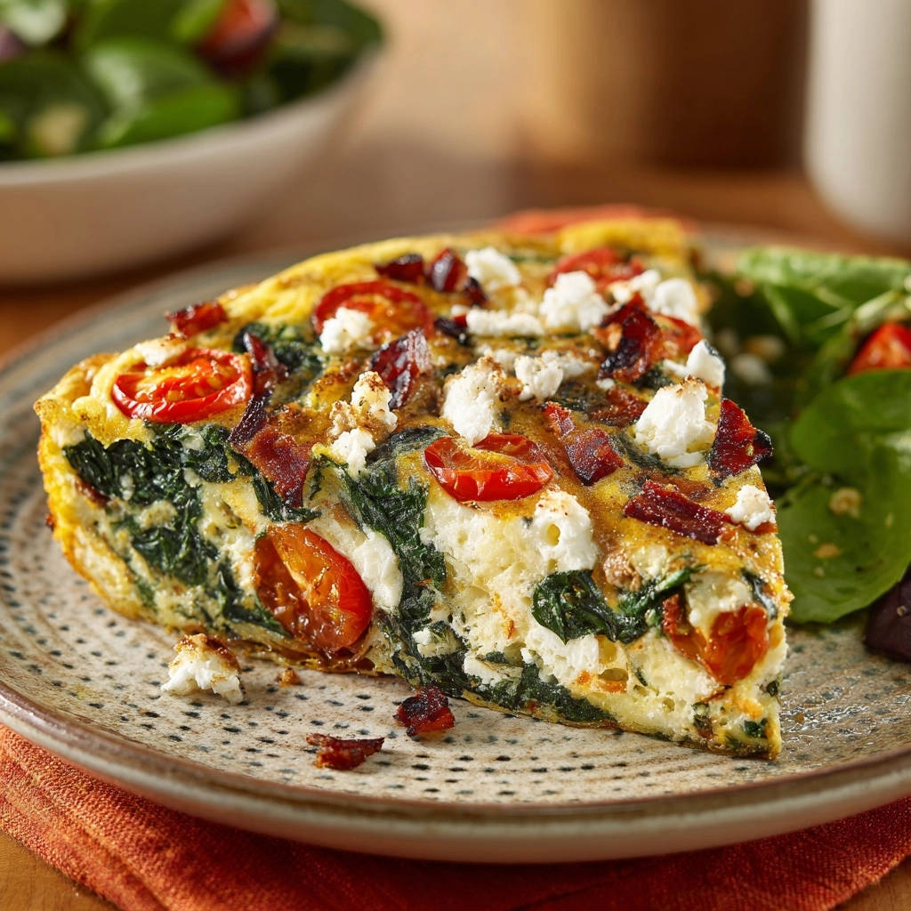 Herzhafte Spinat-Feta-Frittata mit knusprigem Bacon, angeschnitten auf einem Teller mit Salatbeilage.