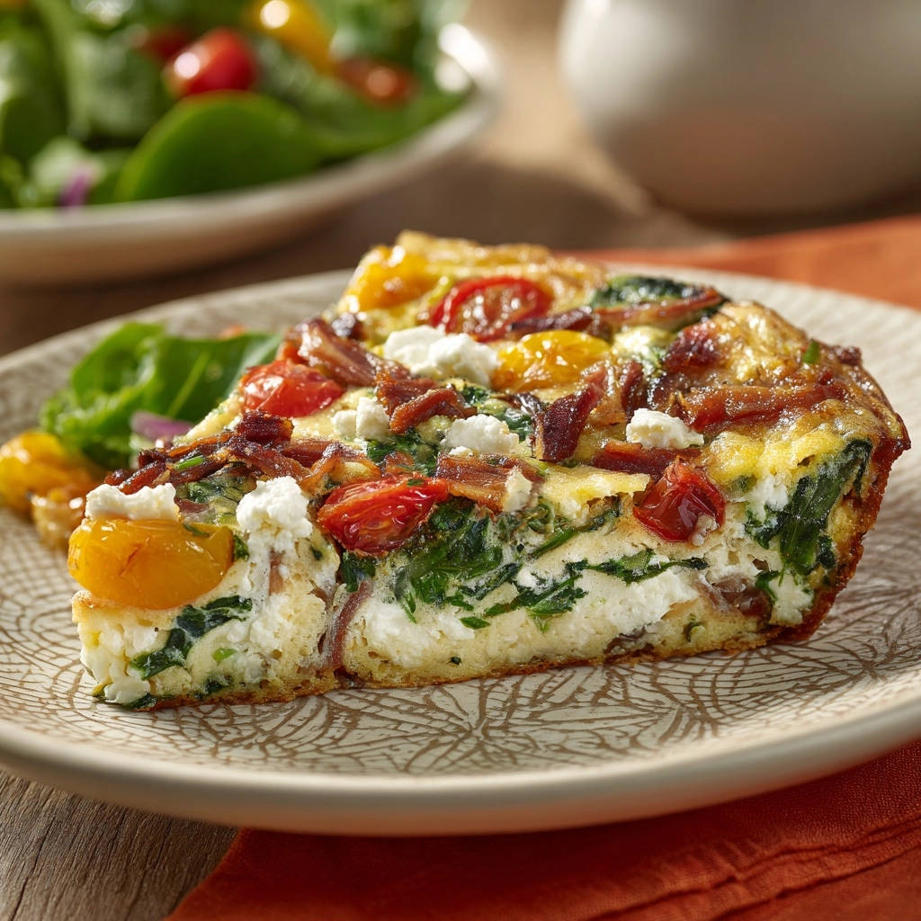 Herzhafte Spinat-Feta-Frittata mit knusprigem Bacon, angeschnitten auf einem Teller mit Beilagensalat serviert.