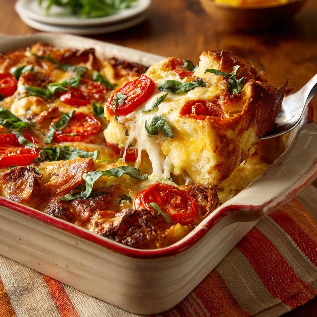 Herzhafter Tomaten-Käse Brotauflauf angeschnitten, mit geschmolzenem Käse und frischem Basilikum garniert, aus einer Auflaufform genommen.