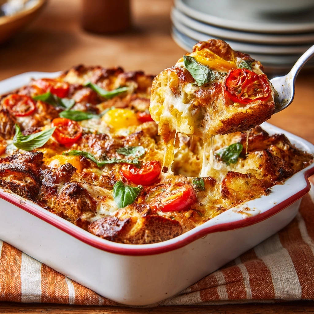 Herzhafter Tomaten-Käse Brotauflauf, angeschnitten mit geschmolzenem Käse und frischem Basilikum garniert