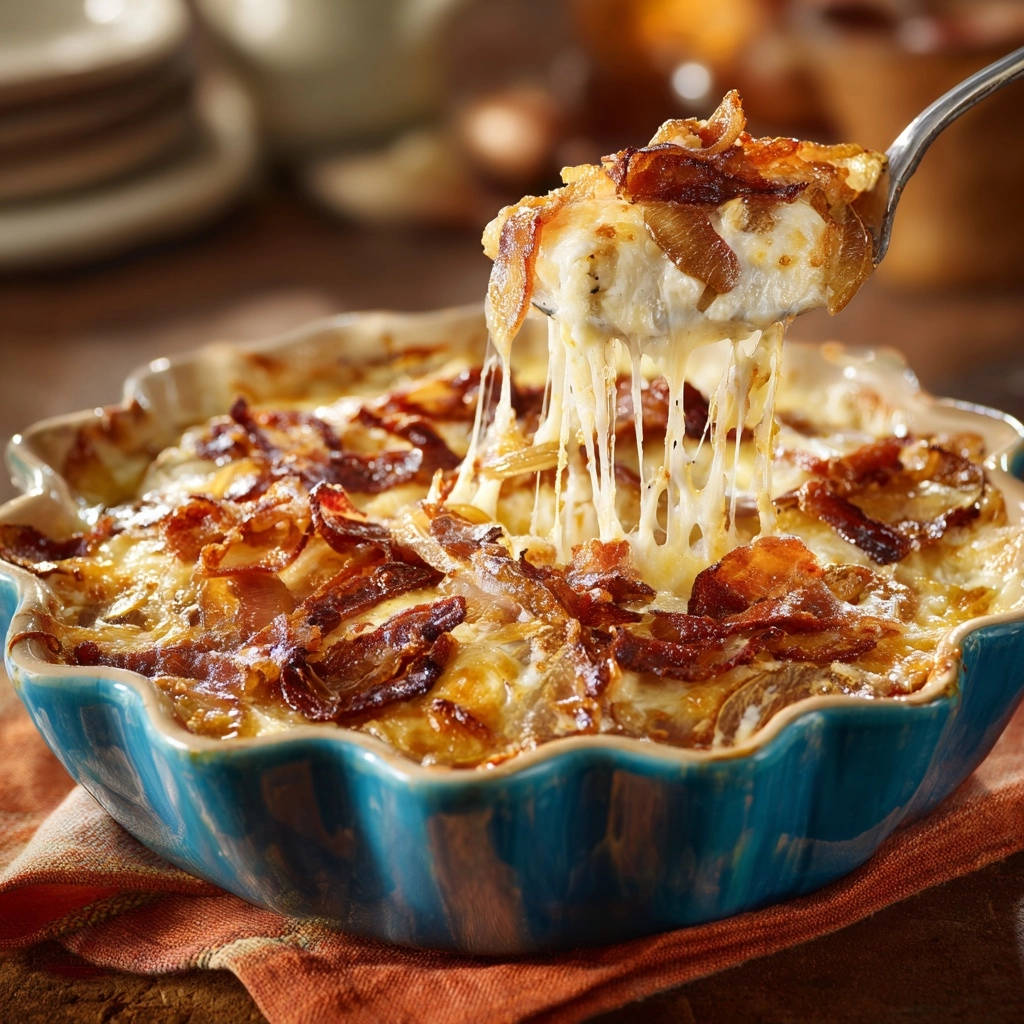 Herzhafter Zwiebel-Bacon-Gratin mit langem Fädenzug von geschmolzenem Käse, der mit einer Gabel herausgehoben wird.