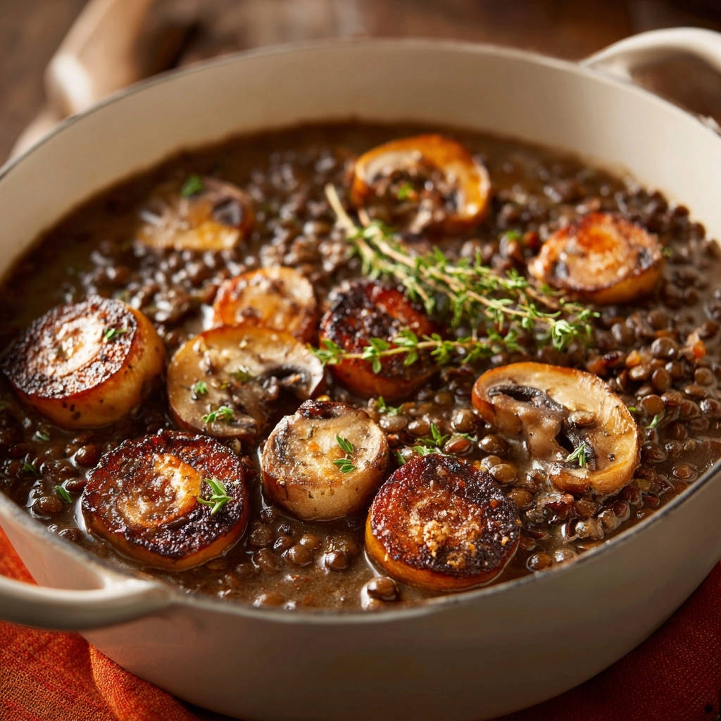 Herzhaftes Linsen-Pilz-Ragout mit Süßkartoffel-Talern, nahaufnahme der gebratenen Pilzscheiben auf dem Linsenragout.