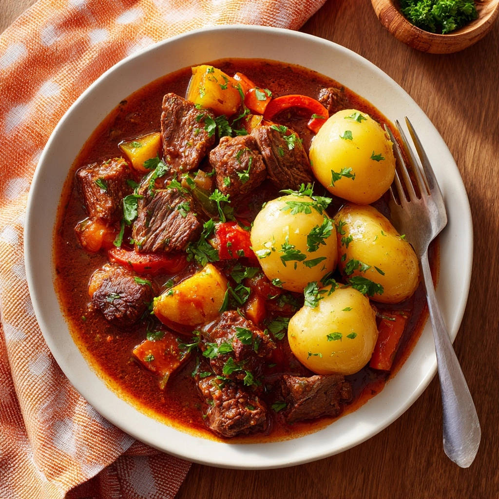 Herzhaftes Rindergulasch mit jungen Kartoffeln, eine Nahaufnahme des deftigen Gerichts mit zarten Fleischstücken und Kartoffeln in einer reichhaltigen Soße.