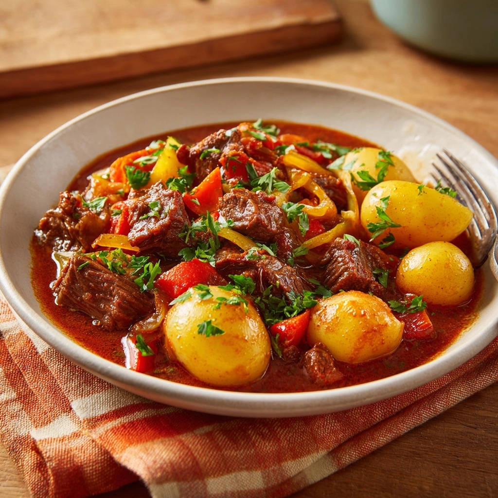 Herzhaftes Rindergulasch mit jungen Kartoffeln, serviert in einer Schüssel auf kariertem Tuch, mit Blick auf die Beilagen.