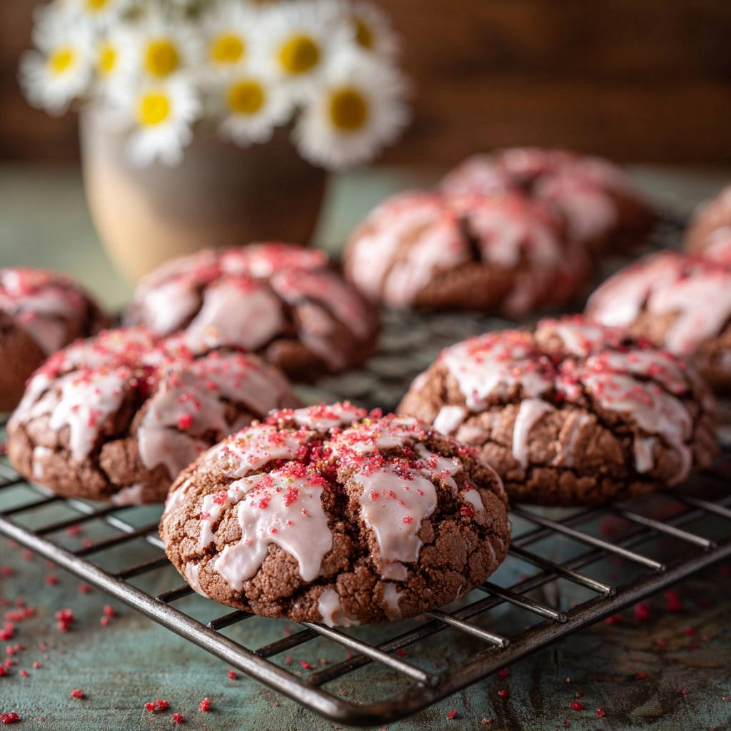 Himbeer-Schoko-Crinkle-Kekse mit Zuckerguss und roten Streuseln auf einem Kühlgitter, nahaufnahme