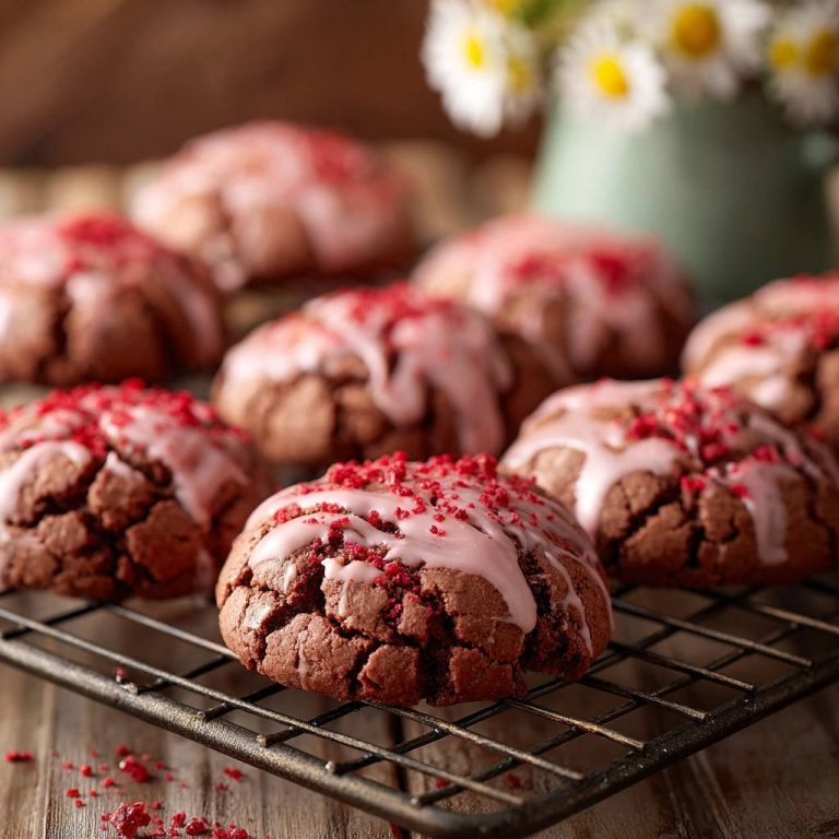 Himbeer-Schoko-Crinkle-Kekse auf einem Kuchengitter, frisch gebacken und mit Himbeerstreuseln garniert