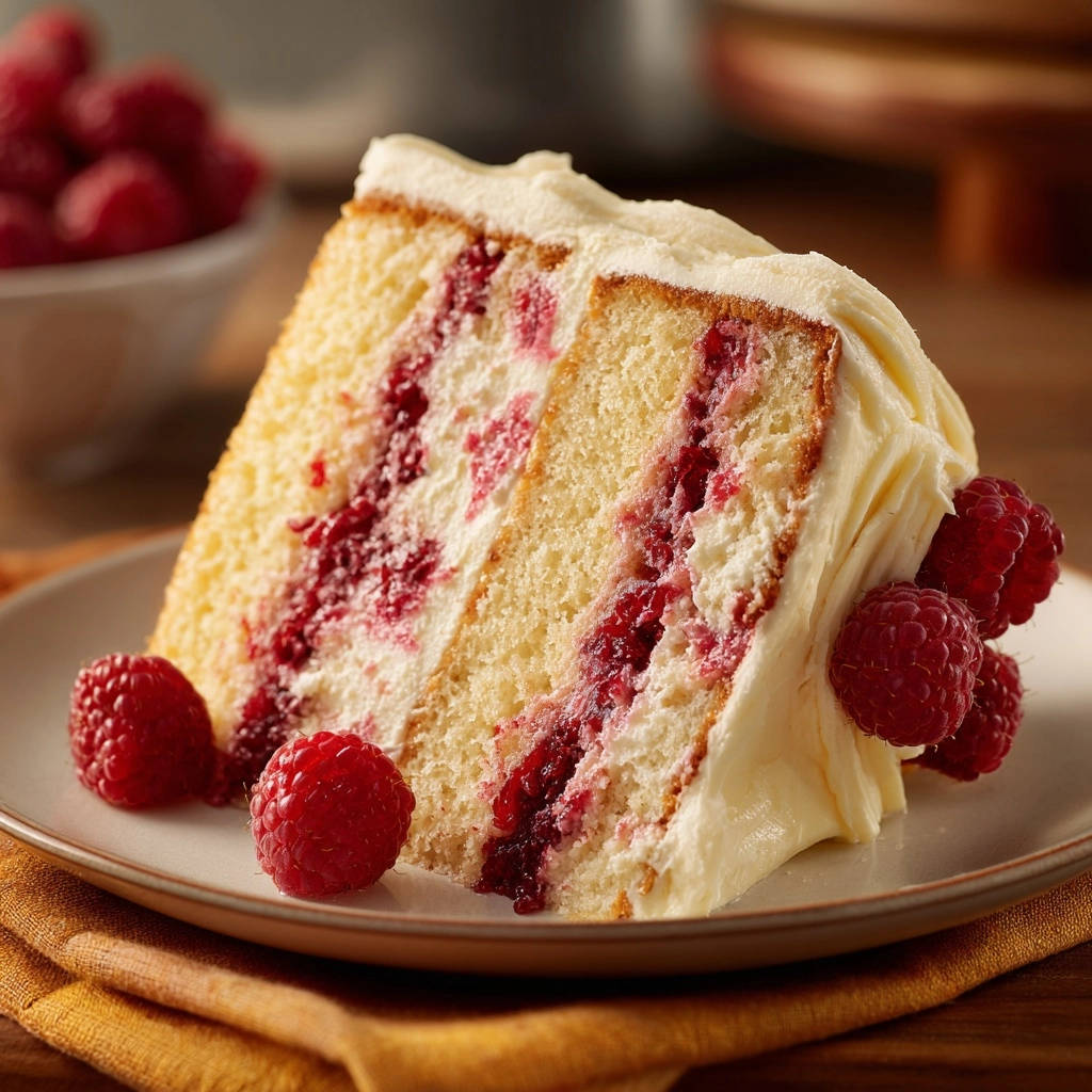 Himbeer-Zitronen-Torte angeschnitten, mit saftigen Himbeeren und Zitronencreme, garniert mit frischen Beeren.