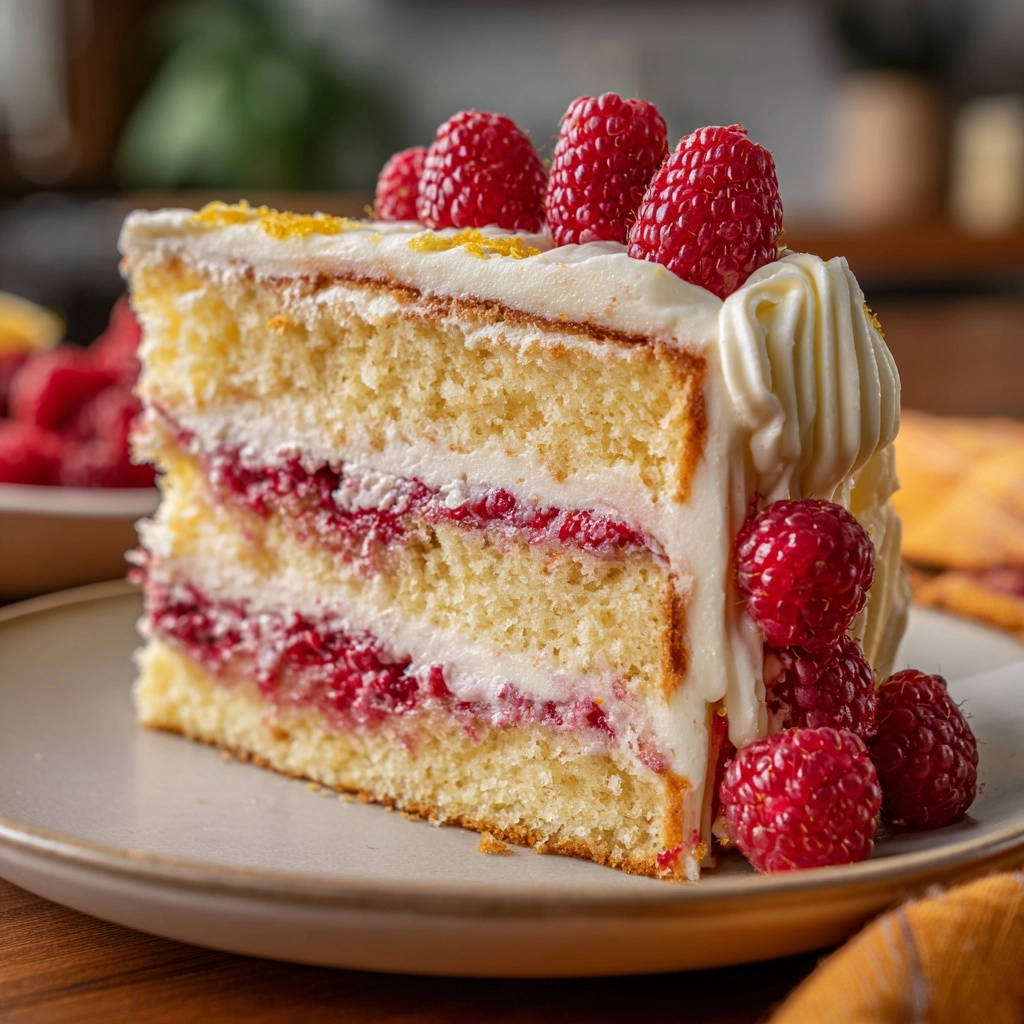 Himbeer-Zitronen-Torte angeschnitten auf einem Teller, mit frischen Himbeeren und Zitronenzesten garniert.