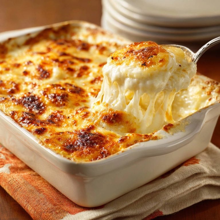 Kartoffel-Gratin à la Crème zeigt eine Nahaufnahme des cremigen, geschmolzenen Käses, der aus einer Portion gezogen wird.