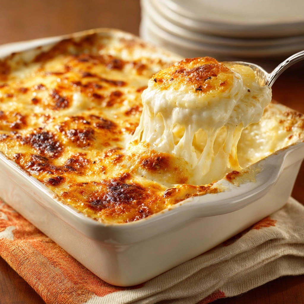 Kartoffel-Gratin à la Crème zeigt eine Nahaufnahme des cremigen, geschmolzenen Käses, der aus einer Portion gezogen wird.